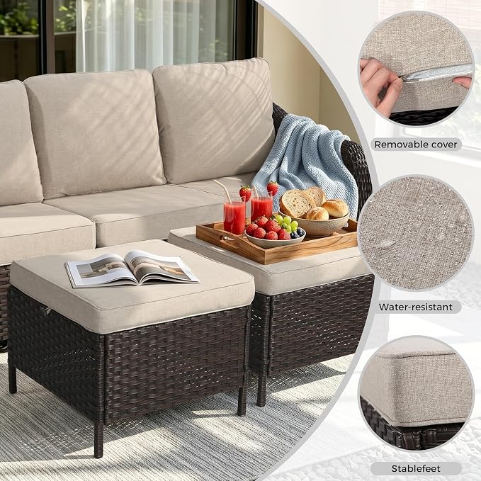 5 Piece Patio Wicker Conversation Set, All-Weather Use Outdoor Wicker Loveseat with 2 PE Rattan Ottomans,2 Swivel Chair, Ideal for Porch, Backyard, Balcony, Poolside, Beige