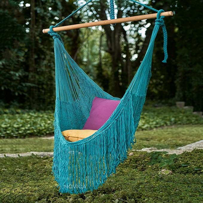 Novica Handmade Sea Breezes in Teal Cotton Hammock Swing