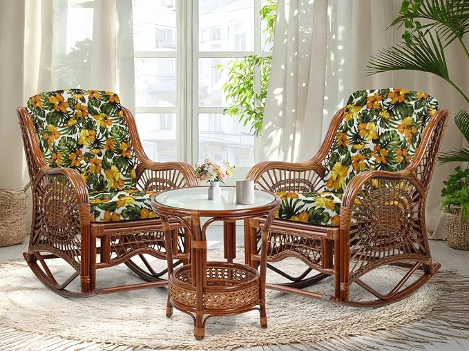 Malibu Handmade Natural Rattan Living Room Set of 2 Rocking Lounge Chairs and Round Coffee Table with Glass, Colonial Color with Floral Cushions