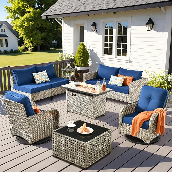 Outdoor Patio Furniture Sets,9 PCS Patio Conversation Set Outside Rattan Sectional Sofa with 42 in Square Fire Pit Table Wicker Rocking Chair Coffee Table Fit Backyard Garden Poolside Balcony