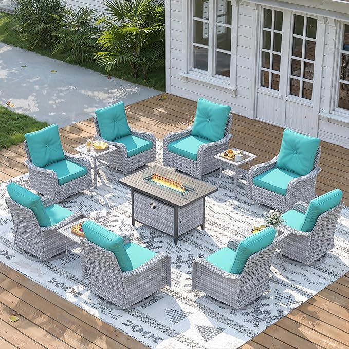 13 Piece Wicker Patio Furniture Set with 55,000 BTU Fire Pit Table, Swivel Rocking Chairs, 4''Cushions, PE Rattan, Wind Guard Glass, for Backyard, Deck or Balcony, Blue