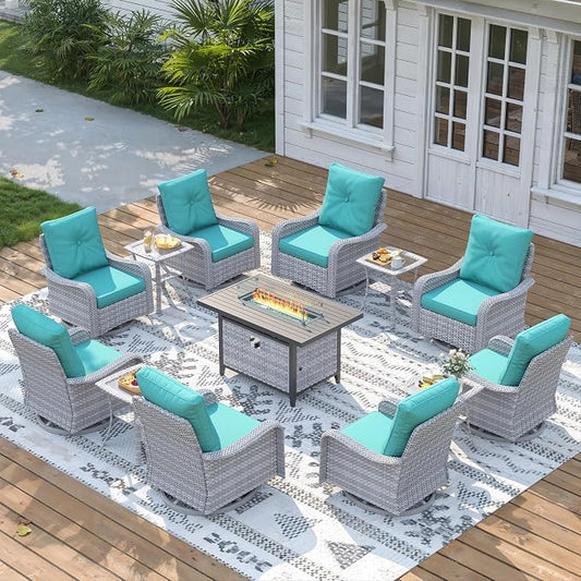 13 Piece Wicker Patio Furniture Set with 55,000 BTU Fire Pit Table, Swivel Rocking Chairs, 4''Cushions, PE Rattan, Wind Guard Glass, for Backyard, Deck or Balcony, Blue