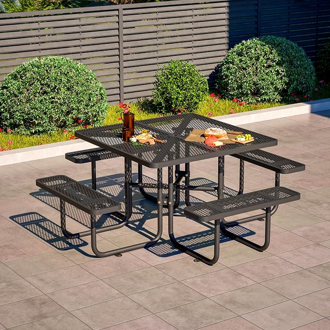 46'' Square Metal Picnic Table with 1.73" Umbrella Hole, Heavy-Duty Commercial Grade Steel Table Set, Rust Resistant Mesh Tabletop, Smooth Round Corner Design for Patio, Garden, Park & BBQ, Black