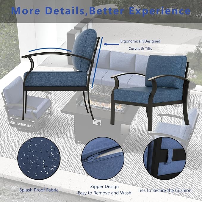 Aluminum Outdoor Patio Furniture Set,7 Seats Patio Conversation Sets with Rectangular Coffee Table,Metal Patio Sectional Furniture Set with 2 Swivel Rocking Chairs,Navy Blue