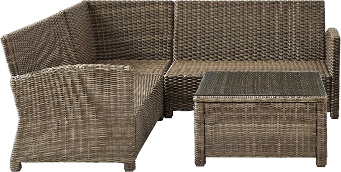 Crosley Furniture Bradenton 4-Piece Outdoor Sectional Sofa Wicker Conversation Patio Furniture Set for Deck, Brown with Sand Cushions