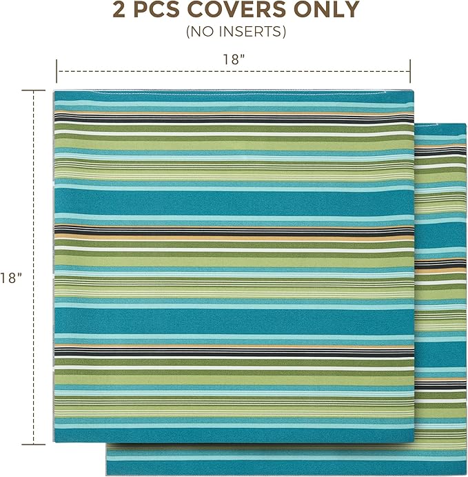 Throw Pillow Covers Set of 2, Outdoor Indoor Waterproof Patio Throw Pillowcase Shell 18x18 Inch, Square Cushion Case for Couch Sofa Garden Farmhouse-Green Stripe