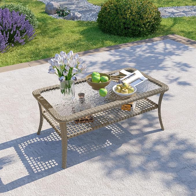 LazySunsets Outdoor Coffee Table with Storage Wicker Patio Coffee Table, Tempered Glass Top Table for Patio Outside Balcony Porch Deck, Yellow