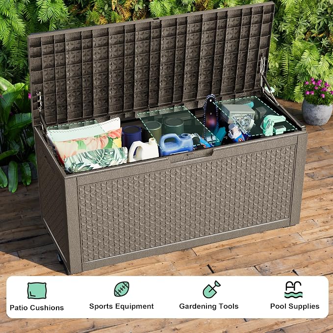 Outdoor Waterproof Resin Storage Deck Box Lockable Outside Bench UV Resistant Bin Patio Porch Furniture Pool Float Garden Tool Cushion (Grey, 110 Gallon)
