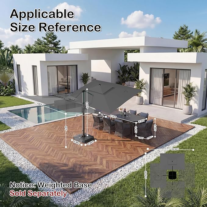 9x12 FT Patio Umbrella with LED Lights Cantilever Outdoor Large Heavy Duty Rectangle Aluminum Offset Umbrellas Double Top 360 Rotation 7 Tilt Adjustment for Pool Deck Garden, Grey