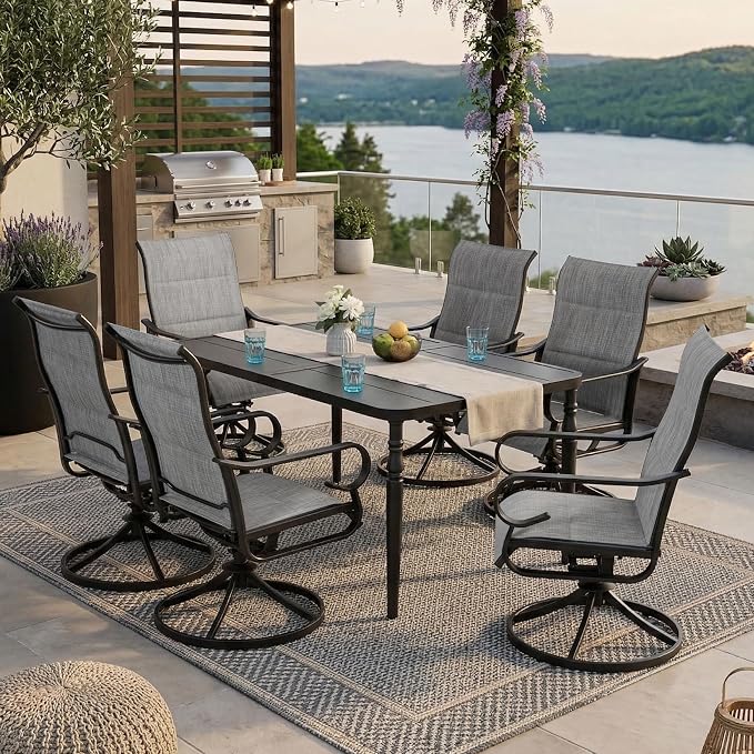 NUU GARDEN 7PCS Padded Textilene Outdoor Dining Set with Umbrella Hole, Powder-Coated Metal Frame Patio Dining Table and Chairs with Swivel Base, Patio Table and Chair Set, Turned Legs, Light Gray
