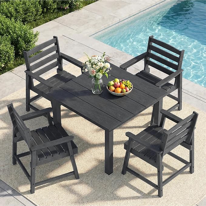 LOUNZY 5-Piece HDPE Patio Dining Set - Outdoor Square Table with 2" Hole Cut-Out & 4 Chairs,Black