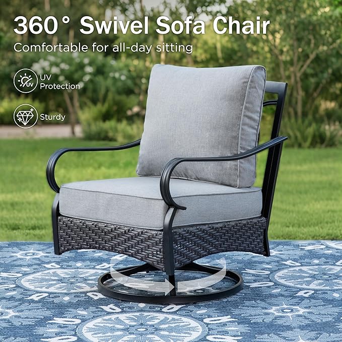 PHI VILLA Outdoor Modern Patio Furniture Set, Upgraded Wicker & Metal Patio Conversation Set with Waterproof Thick Cushions for Porch, Poolside, Yard (5 Pieces,Grey)