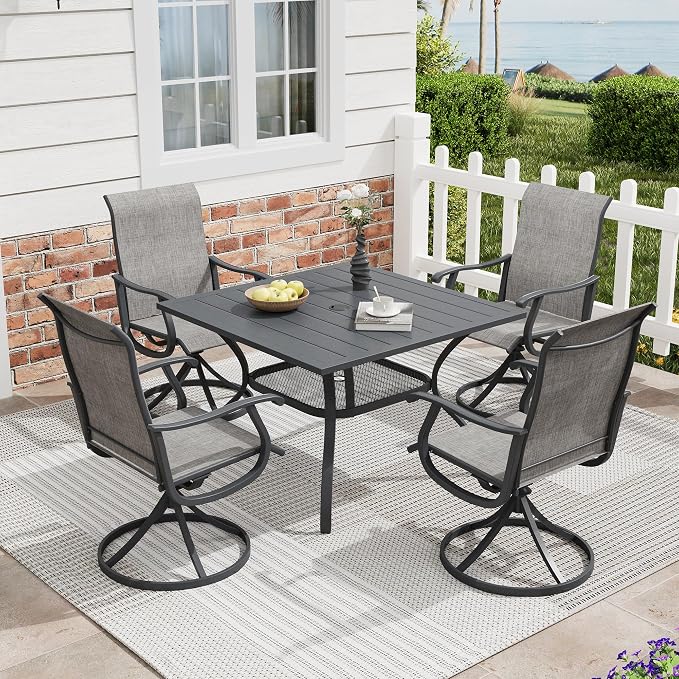 5 Pieces Patio Furniture Dining Set, 4 Textilene Swivel Dining Chairs, 38" Outdoor Square Metal Table with 1.57" Umbrella Hole, Outdoor Dining Set for Porch, Lawn, Dark Grey/Grey