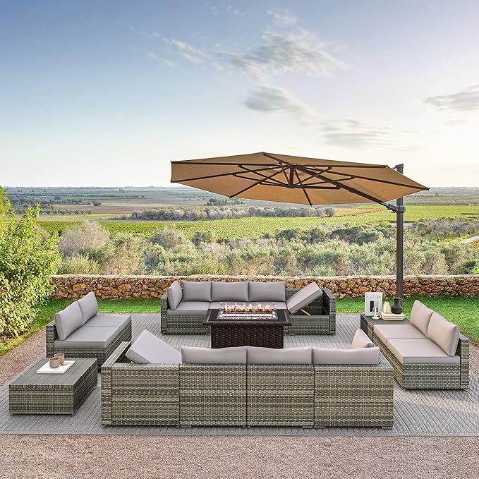 HOMREST 15 Pieces Outdoor Patio Furniture Set with 44" Propane Fire Pit Table, PE Rattan Sectional Sofa Conversation Set w/Adjustable Bracket, Wood Coffee Table for Backyard (Grey)