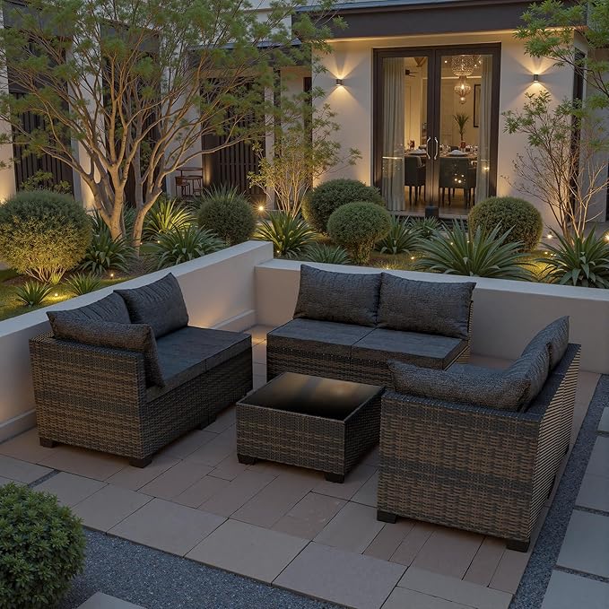 7 Piece Patio Furniture Set, All-Weather Water-Resistant Wicker Rattan Sectional Sofa, Modular Outdoor Conversation Set for Backyard, Garden, Poolside, Balcony