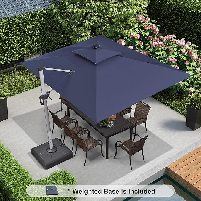 PURPLE LEAF 9' X 12' Solar Powered LED Rectangle Cantilever Umbrella With Base Patio Umbrellas Windproof Hanging Umbrellas Outdoor Umbrellas Offset Umbrella, Navy Blue