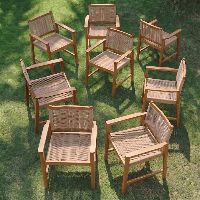 NTC Luno 8 Pieces Solid Wood Lounge Armchairs with Handwoven Rope Seat & Back, Indoor & Outdoor Wooden Chairs for Patio Dining Sets, Modern Patio Lounge Chairs, Easy Assembly, Natural
