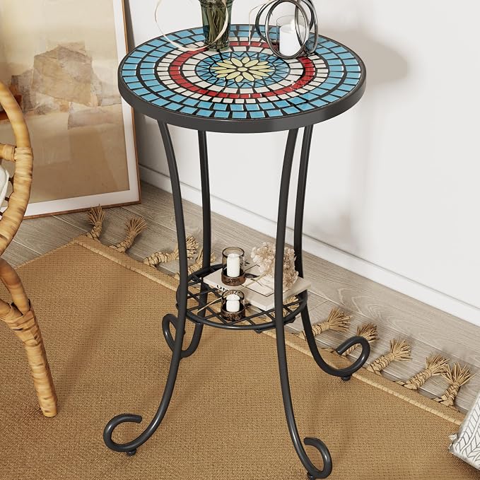 Outdoor Metal Side Table with Ceramic Tile Top Mosaic Patio Side Table and Plant Stand Tables, Round Side Table Iron End Tables for Yard Porch Balcony Garden, Daisy Blue