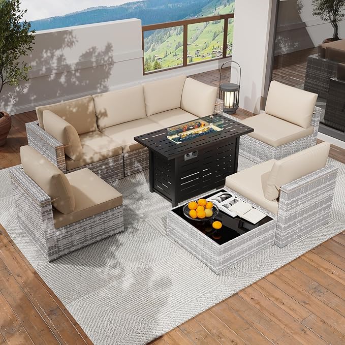 KIGOTY Patio Furniture Set with Fire Pit Table, 8 Pieces Outdoor Furniture Set with 43in Gas Fire Pit and Coffee Table, PE Rattan Patio Conversation Sofa Sets, Patio Sectional Sofa（Grey White/White）