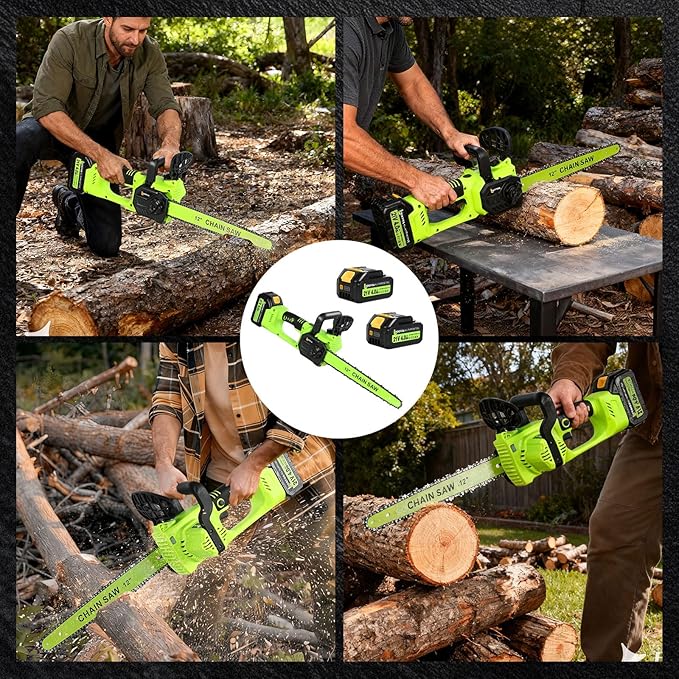 12" Electric Chainsaw Cordless, 21V Battery Chainsaw 2 x 4.0AH Battery, power chain saws with 2xChains & Guide Plate, Handheld Electric Power Chain Saw w Auto Oiling for Wood Cutting Trimming Branch