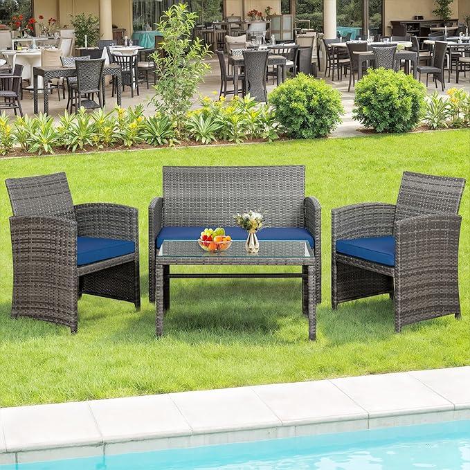 SUNLEI 4 Pcs Patio Ratten Set, Outdoor Furniture Set Wicker Conversation Set with Cushions and Tempered Glass Tabletop Outdoor Patio Furniture Sets (Dark Blue)