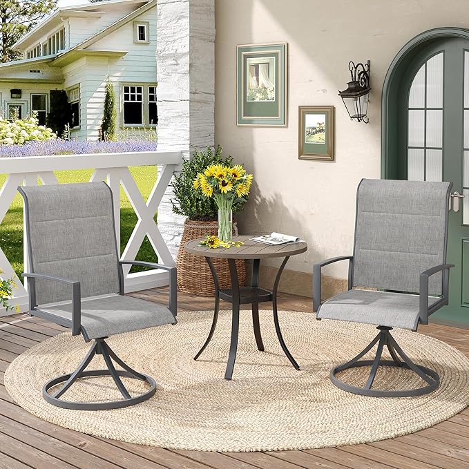 DIFY 3 Piece Outdoor Dining Set for 2, Patio Furniture Set with 27.6" Small Round Metal Dining Table and 2 Padded Textilene Swivel Patio Chairs, Grey Wood-Like Table & Grey Chairs