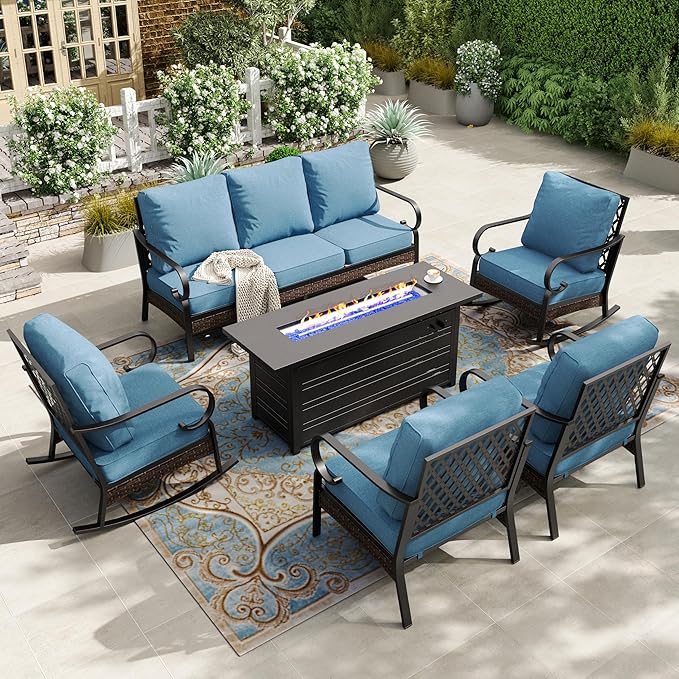 HERA'S HOUSE 6 Piece Metal Patio Furniture Set with 56" Fire Pit Table, All Weather Outdoor Conversation Set 7 Seats, 3 Seat Sofa, 2 Rocking Chairs, 2 Fixed Chairs for Backyard Garden Deck, Navy Blue