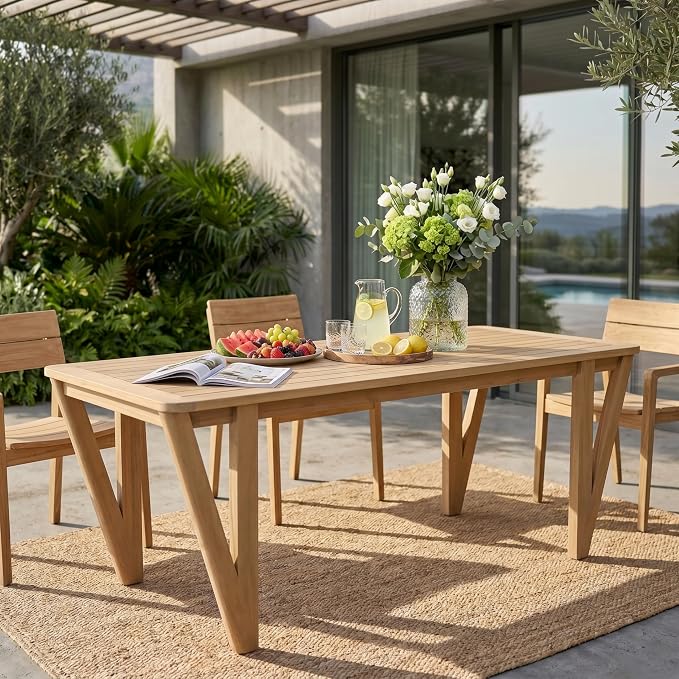 Christopher Knight Home Cara 70.75" L Acacia Wood Outdoor Dining Table, Sturdy Rectangular Patio Table for 6-8 People, Farmhouse Patio Dining Table with Slatted Design and V-Shaped Legs, Light Teak