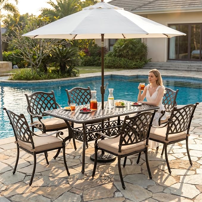 7 Piece Cast Aluminum Outdoor Dining Set, Retro Patio Dining Furniture Set for 6 Includes 59” Rectangular Table 6 Lattice Chairs with Thicker Cushions and Umbrella Hole for Porch Poolside Garden