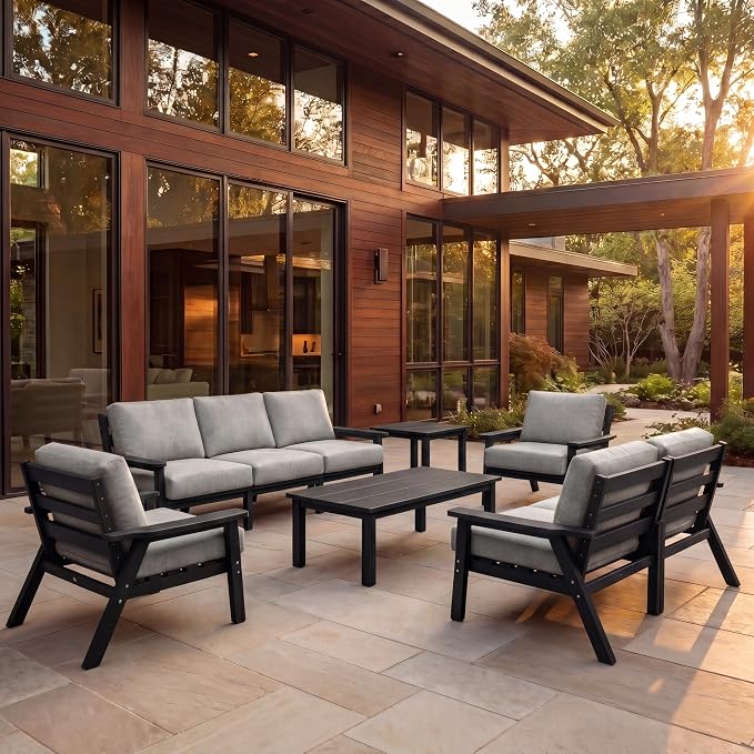AreShark 3-Piece HDPE Patio Conversation Set, All Weather Outdoor Couch Set with Thick Cushions, Outdoor Sectional Outdoor Sofa Set for Lawn, Deck, Backyard, Black & Grey