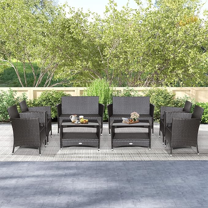 Tangkula 8 Pieces Patio Furniture Set, Patiojoy Outdoor PE Wicker Conversation Set with Soft Cushions and Tempered Glass Tabletop, Outdoor Garden Furniture Set with 2-Tier Coffee Table (2, Brown)