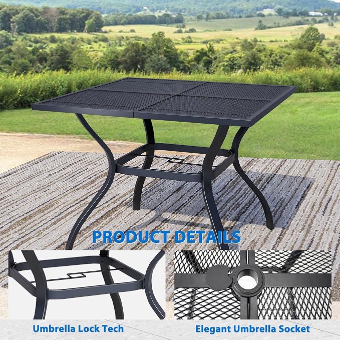 5-Piece Outdoor Dining Set, Square Metal Table with Dark Blue Chairs, Black Patio Table with Umbrella Hole for Garden, Yard, Patio