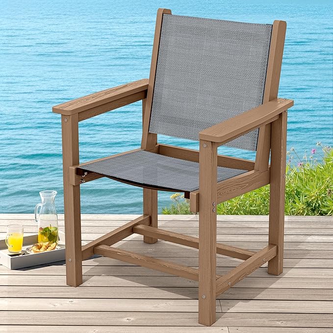 SERWALL Outdoor Dining Chairs Set of 2, All-Weather HDPE Textilene Sling Dining Chair for Backyard, Garden, Brown