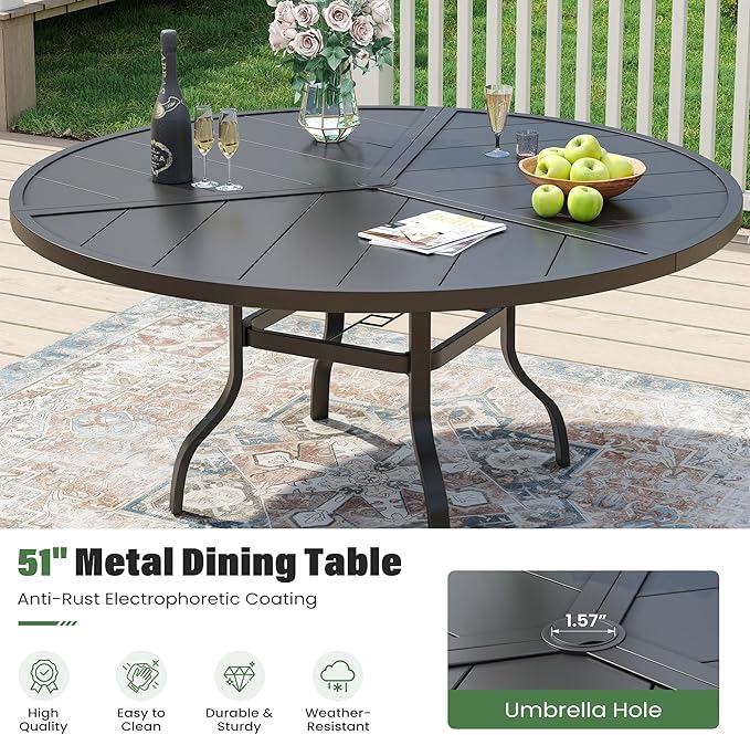 UDPATIO 5 Piece Patio Outdoor Table and Chairs, Patio Dining Set for 4,39" Black Round Table with Umbrella Hole, Brown Patio Chairs, Patio Table with Chairs Outdoor Dining Set for Backyard, Deck