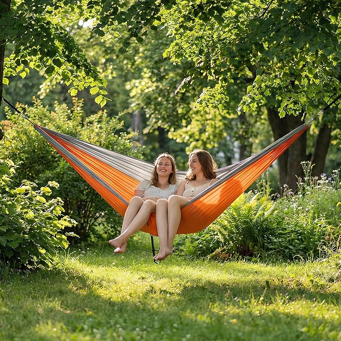 PeakPursuit Camping Double Hammock, Portable Hammock with Tree Straps, Tree Hammocks, Perfect for Outside Indoor Hiking Beach Backpack Travel, Orange
