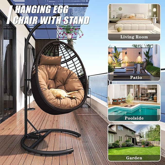 Hanging Egg Chair Hammock with Stand Wicker Rattan for Indoor Outdoor Patio Bedroom Swing with Steel Frame and Soft Cushion