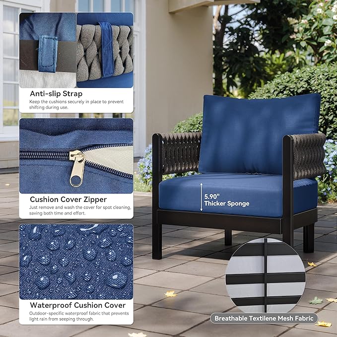 Kullavik Aluminum Patio Furniture Set 5 Pieces,Metal Outdoor Furniture with Modular Coffee Table,HDPE Rope Sectional Conversation Set w/5.9" Thick Cushions for Deck,Porch,Backyard