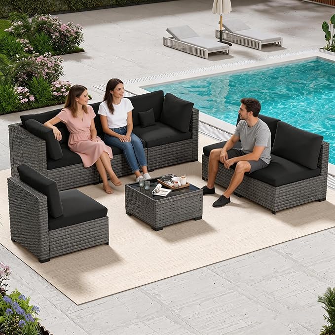 LHBcraft 7 Piece Patio Outdoor Furniture Set, Outdoor Sectional, All-Weather Hand-Woven Wicker Black Patio Sectional, Rattan Outside Furniture with Cushion and Glass Coffee Table