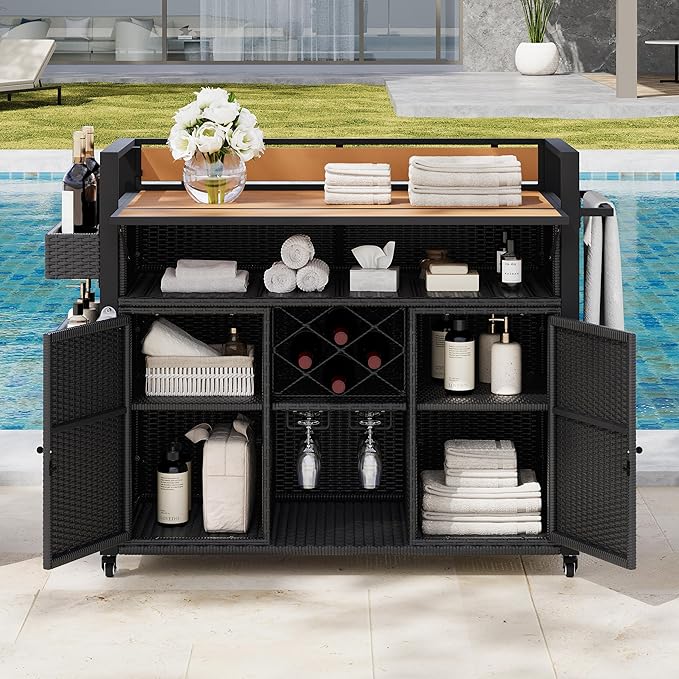 RUNNA Wicker Outdoor Grill Cart with Extended Plastic Wood Table Top, Rolling Kitchen Island on Wheels with Storage Cabinet, for Patio Backyard Garden Poolside, Double Handle Design (Black Brown@047)
