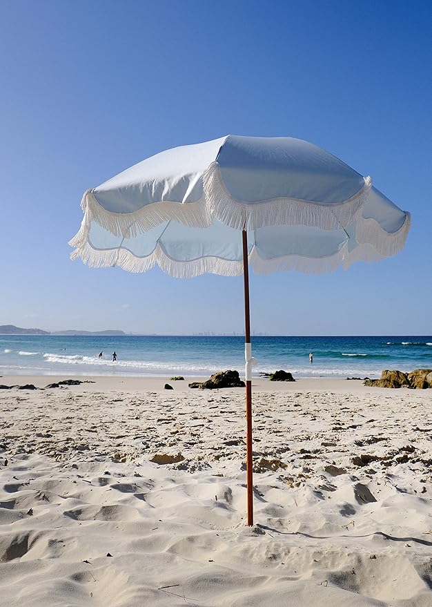 Business & Pleasure Co. Holiday Umbrella - Boho Beach Umbrella with White Fringe, UPF 50+, 1" Tilting Wood Pole, 5’ x 6.5’, Santorini Blue