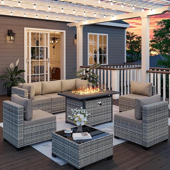 8-Piece Outdoor Patio Furniture Set with 55,000 BTU Fire Pit Table, PE Wicker Rattan Sectional Sofa Conversation Set - All-Weather Garden, Backyard Furniture, Beige