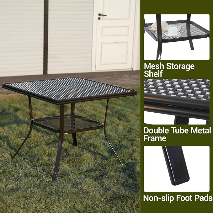 35.2" Outdoor Dining Table for 4 Person, Square Patio Dining Bistro Table with Sturdy Metal Frame & Adjustable Foot Pads for Garden, Backyard and Porch, Partitioned Storage Rack, Black