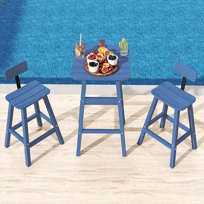 3-Piece Outdoor Counter Height Bar Table Set, 42" Pub & Bistro Table with 2 Stools, HDPE Weather Resistant for Patio/Backyard/Garden/Poolside, Navy Blue