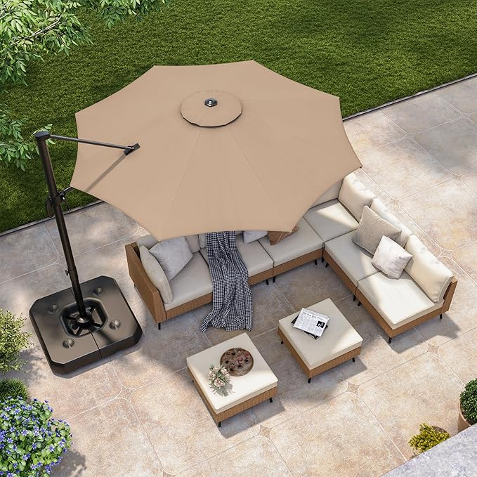 LAUSAINT HOME 10FT Round Outdoor Cantilever Umbrella, Offset Patio Umbrella with 360° Rotation & 5-Angle Adjustment, Aluminum Pool Umbrella for Garden Deck, Khaki