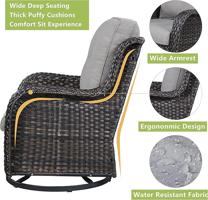 Outdoor Wicker Patio Furniture Set - 5 Piece Rattan Patio Conversation Set with 2 Rocking Swivel Chairs,2 Ottomans and 1 Sofa for Porch Deck Backyard Garden(Brown/Grey)