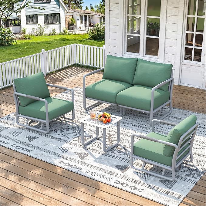 4-Seat Outdoor Aluminum Patio Set with Coffee Tables & 2 Swivel Rocking Chairs, All-Weather Conversation Sofa for Balcony, Garden (White)