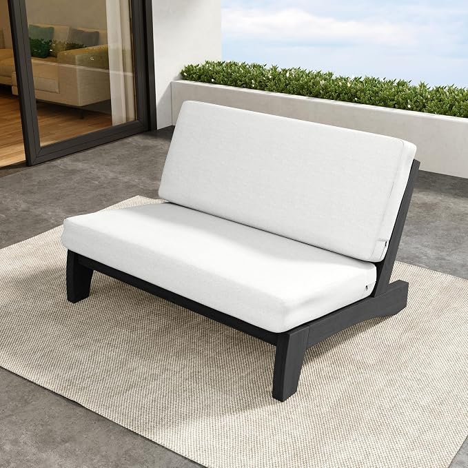 Outdoor Furniture Patio Couch, Weather Resistant Patio Loveseat Sofa Couch with Removable Cushion, Black Wood Frame for Porch & Backyard Seating - Beige