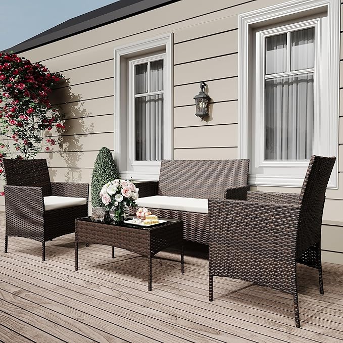4-Piece Patio Furniture Set, Outdoor Wicker Conversation Set with Tempered Glass Coffee Table, Heavy Duty PE Rattan Sectional Sofa & Washable Cushions for Backyard, Deck, Poolside (Brown Rattan/Beige)