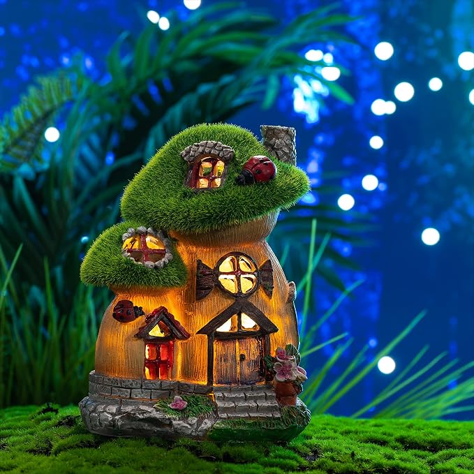 TERESA'S COLLECTIONS Mushroom Garden Statues with Outdoor Solar Light, Green Flocked Christmas Decorations for Home, Resin Fairy House Accessories Outdoor Decor Yard Thanksgiving Gifts for Mom, 8“