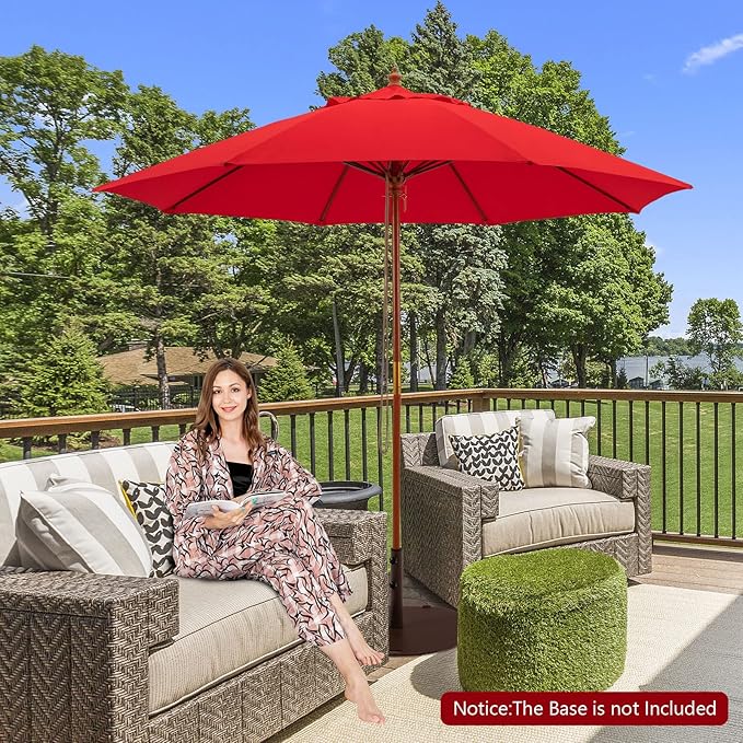 Tangkula 9.5 FT Red Wooden Pulley Umbrella with 8 Fiberglass Ribs, Rope Pulley Mechanism, and Vented Canopy for Patio, Deck, Poolside, Garden, Lawn, Terrace